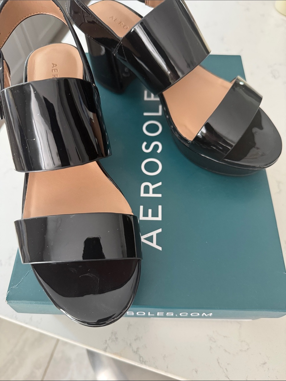 AEROSOLES Black Patent Platform Block Heel Sandals